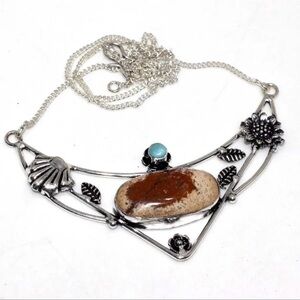 Unique Handmade Statement Picture Jasper & Larimar Gemstone 925 Silver Necklace